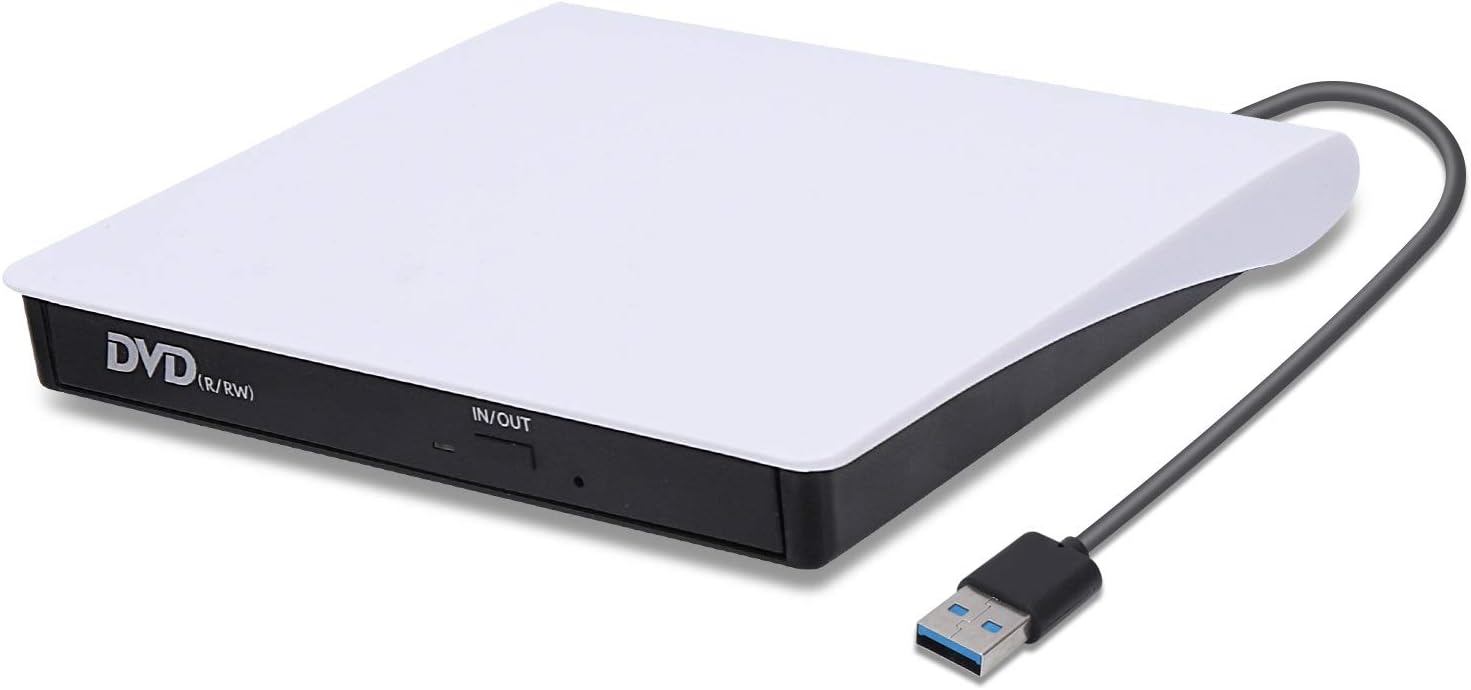 External CD/DVD Drive, USB 3.0 Portable DVD CD+/-RW Drive Slim DVD/CD ROM Rewriter Burner Writer, High Speed Data Transfer Pro Laptop/Desktop Windows/Vista/7/8/10, Mac OSX and Linux (White)