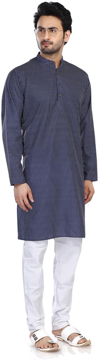In-Sattva Men's Indian Folk Print Banded Collar Knee-Length Kurta Tunic - Image 3