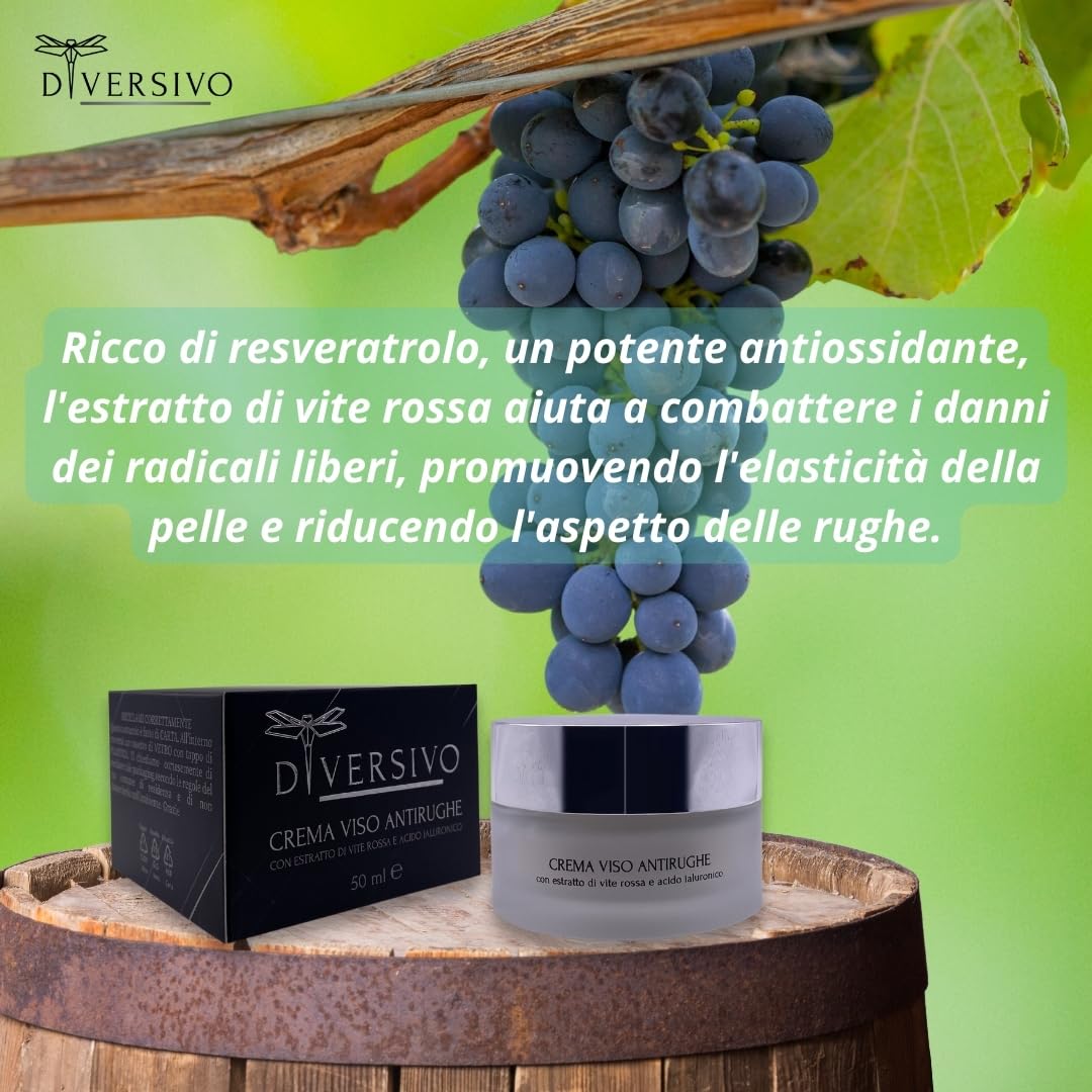 DIVERSIVO - Crema Viso Antirughe - Idratante e Rassodante con Vite Rossa, Acido Ialuronico e Aloe Vera - 50ml