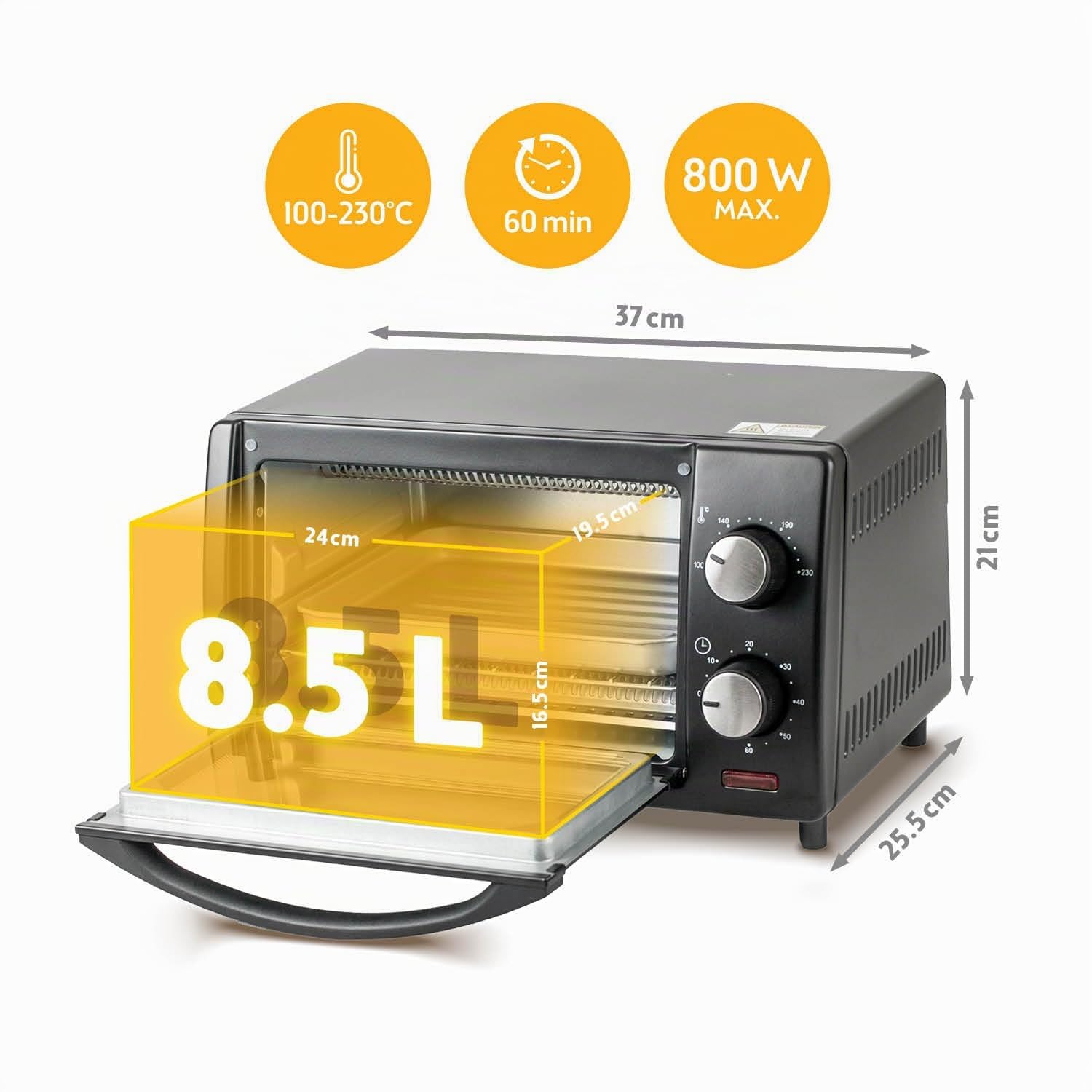 Forno Mini 10L 800W First Austria Fornetto con regolazione temperatura 230°C timer 60 min 2 altezze teglia griglia