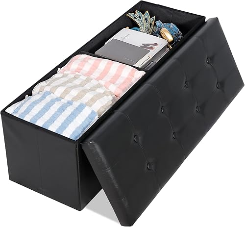 Miniatura 8 de LEMY Banco de almacenamiento otomano plegable de 43 pulgadas, taburete reposapiés con divisor de madera y gran espacio de almacenamiento, taburete