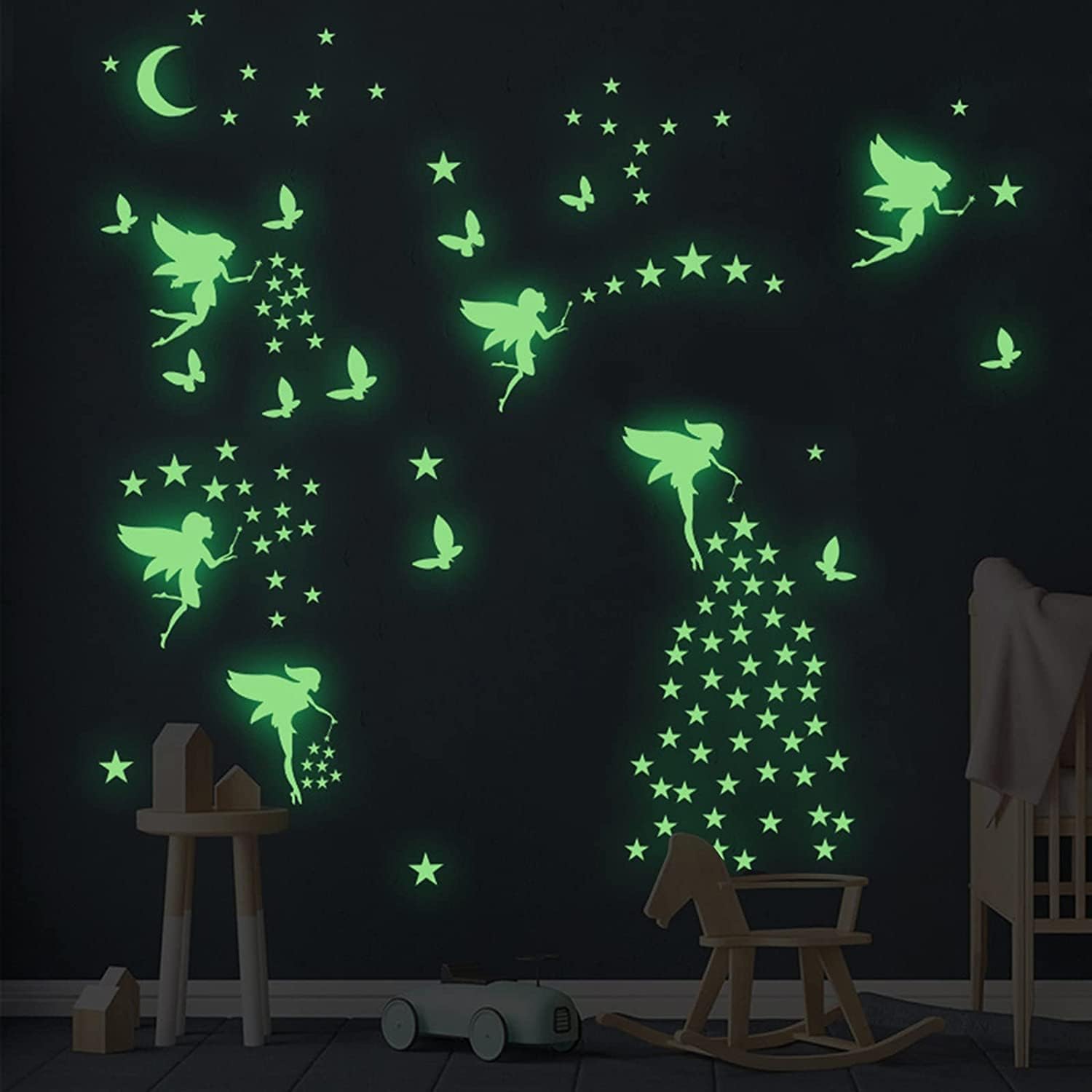 SYOSI Glow in The Dark Fairy Wall Decals, Luminous Fairies Wall Stickers Bedroom Ceiling Decoration, Butterfly and Star Room Decor for Girls Kids Princess