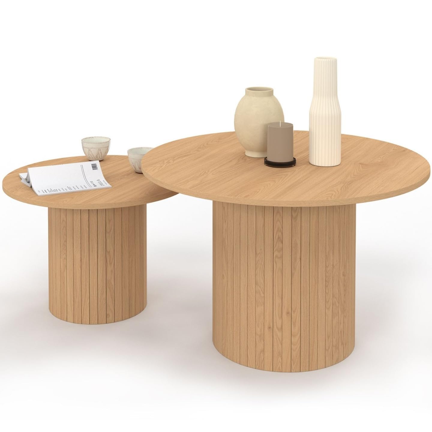 IDMarket - Juego de 2 mesas redondas Juliette 50/70 con efecto listones y listones de madera, color roble