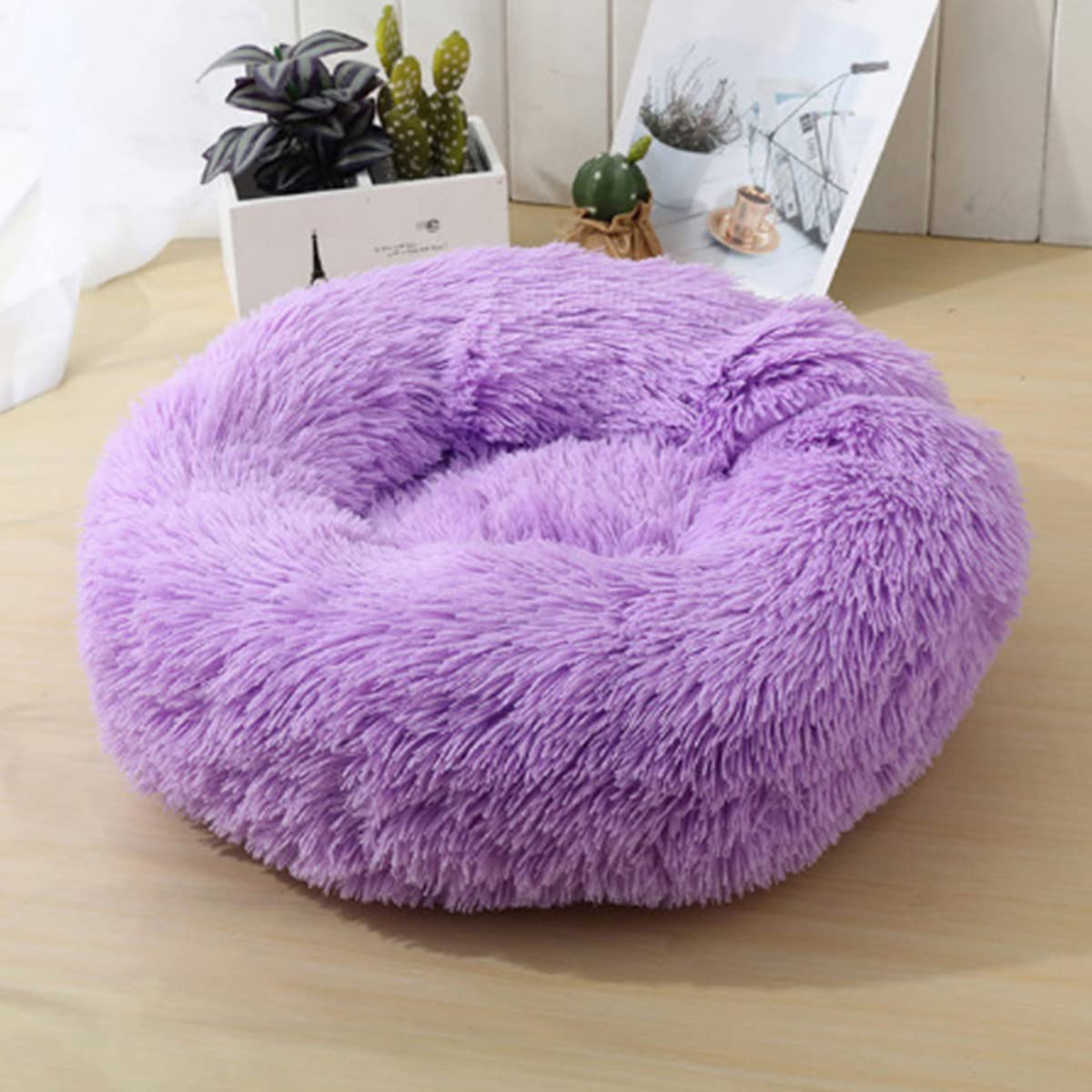 Calming Dog Bed Cat Bed, Washable Round Dog Bed Anti-Slip Fluffy Faux Plush Donut Cuddler Cat Bed for Small Medium Large Dogs - Waterproof Bottom diameter39in