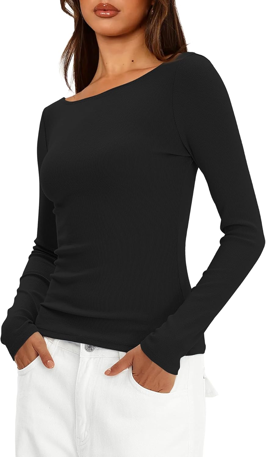 Darong Womens Long Sleeve Boat Neck Top Sexy Backless Slim Fit Basic Tee T-Shirt Ribbed Knit Going Out Tops - Image 3
