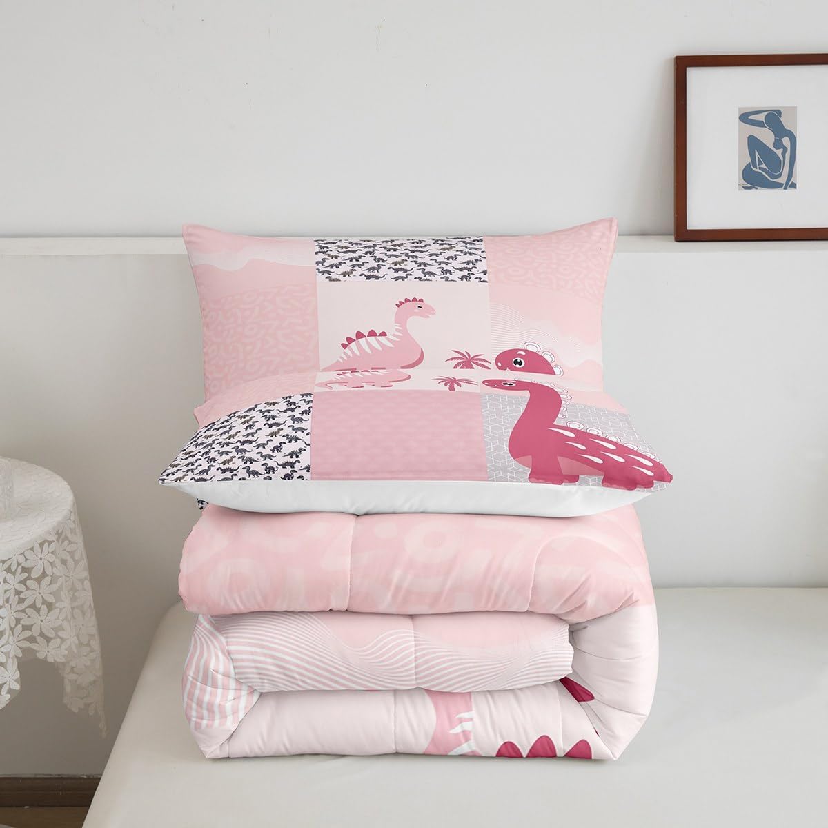 Feelyou Cute Dinosaur Bedding Set for Kids Boys Girls Geometric Comforter Twin Size Cartoon Wildlife Comforter Set Pink Quilt Set 2Pcs