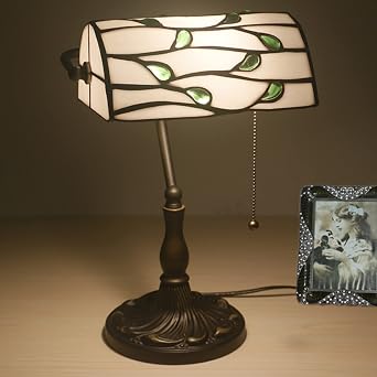 11 Variation Tiffany Bankers Table Lamp,Handmade Crystal Beads Desk Lamp,Study Bedroom Bedside Table Lamp,Stained Glass Lamp,White Green Glass Beads