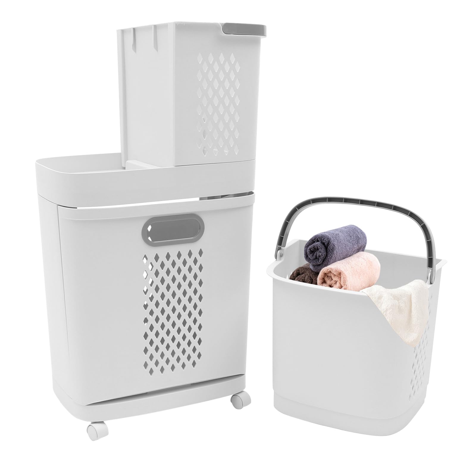 2-Tier Movable Household Laundry Basket,Bathroom Clothes Storage Basket,Floor-Standing Large Hand-Held Laundry Hamper Holder With Handle & 4 Wheels,Breathable Hollows,For Bedroom, Bathroom.
