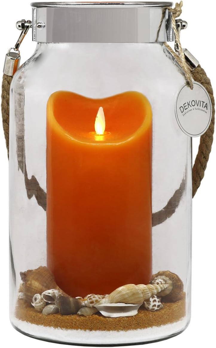 DEKOVITA Gift Idea 30cm Decoglass LED Real Wax Candle orange with moving flame and Deco-Sand Easter Mother's Day Birthday
