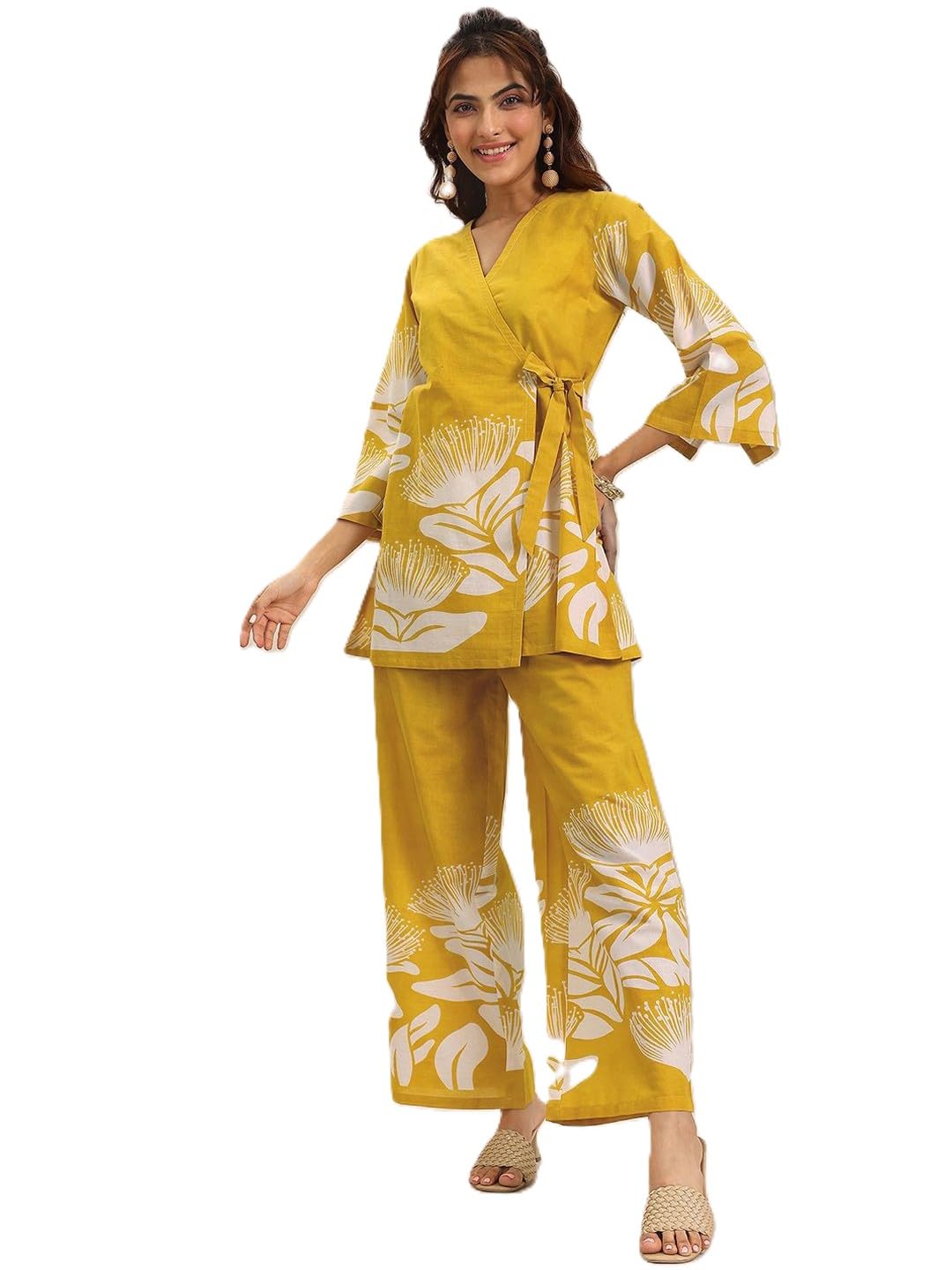 Elegant Floral Print Lounge Wear Co Ord Set | Wide Leg Palazzo Pant with 3/4 Sleeve Wrap Top | Lightweight Breathable Stylish Outfit for Summer & All Season Wear-image-17