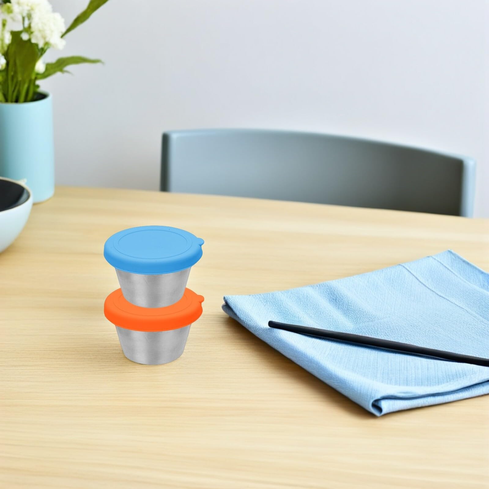 LABRIMP 8 Pièces Lot Contenants à Sauce Acier Inoxydable avec Couvercles Silicone Étanches Bols à Dip Réutilisables pour Condiments Épices et Préparation Repas Boîtes de Rangement