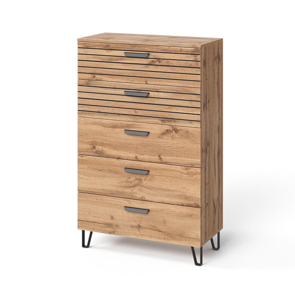 Vicco Cassettiera per camera da letto Amber, Quercia Wotan, 80 x 127.6 cm con 5 cassetti, con vano portaoggetti per spazio aggiuntivo