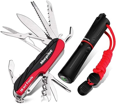 Morpilot Cuchillo Multiusos y Piedra Focaia Set 15 en 1 Cuchillo Multiusos y 5 en 1 Fire Starter con Silbato y Brújula para Camping, Senderismo y Emergencia
