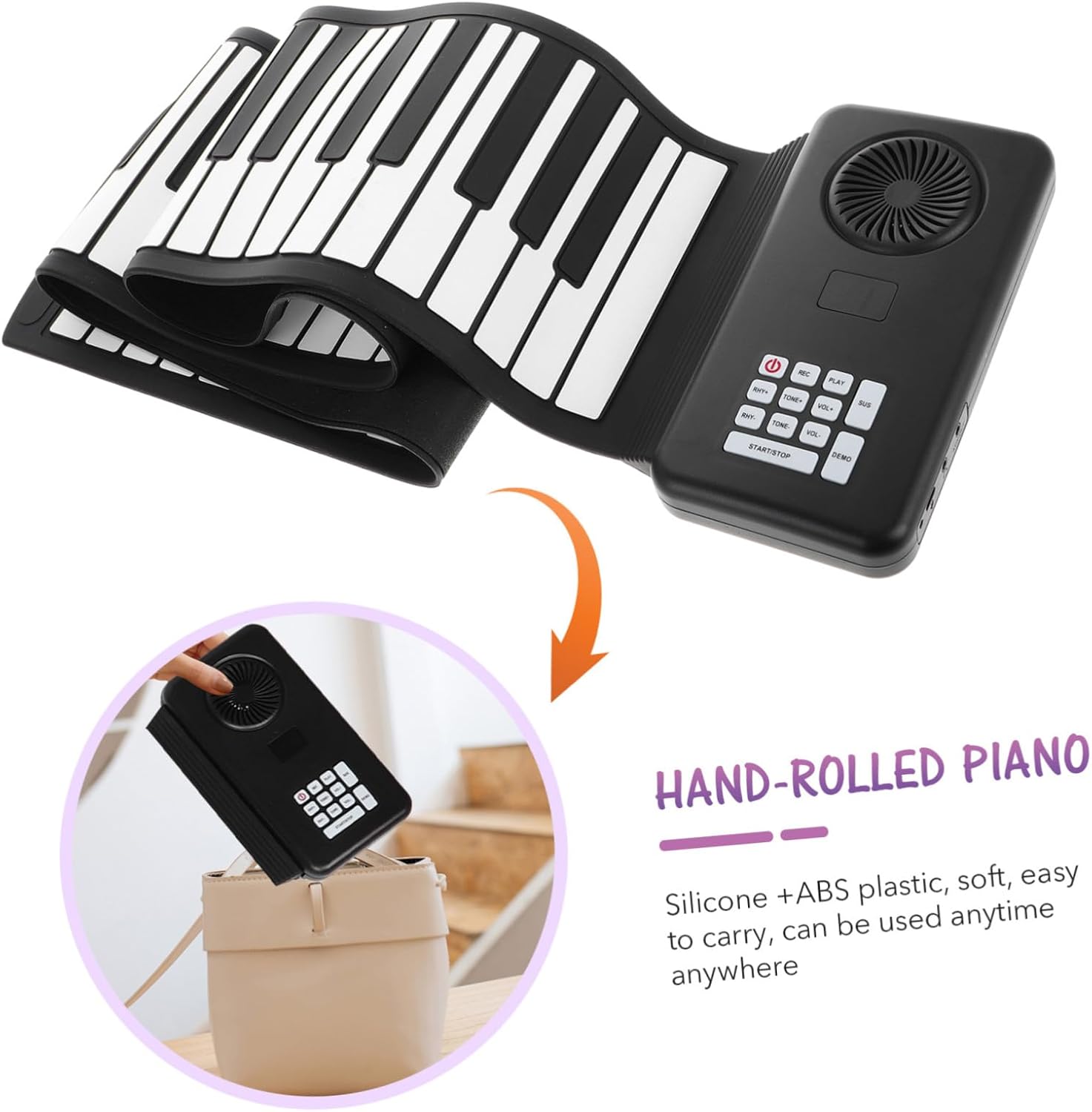 POPETPOP 折りたたみ可能鍵シリコン電子ピアノ 内蔵スピーカー付き 軽量携帯型 手巻き式キーボード 旅行や初心者向け快適演奏モ