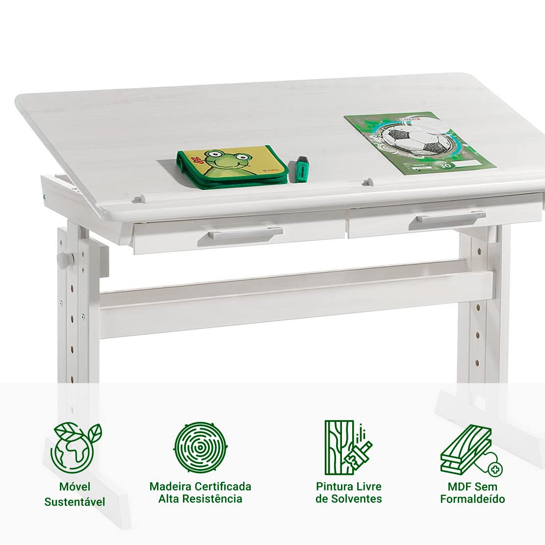 IDIMEX Bureau Enfant écolier Junior Olivia Table à Dessin réglable en Hauteur et pupitre inclinable avec 2 tiroirs, Bureau évolutif en pin Massif lasuré Blanc