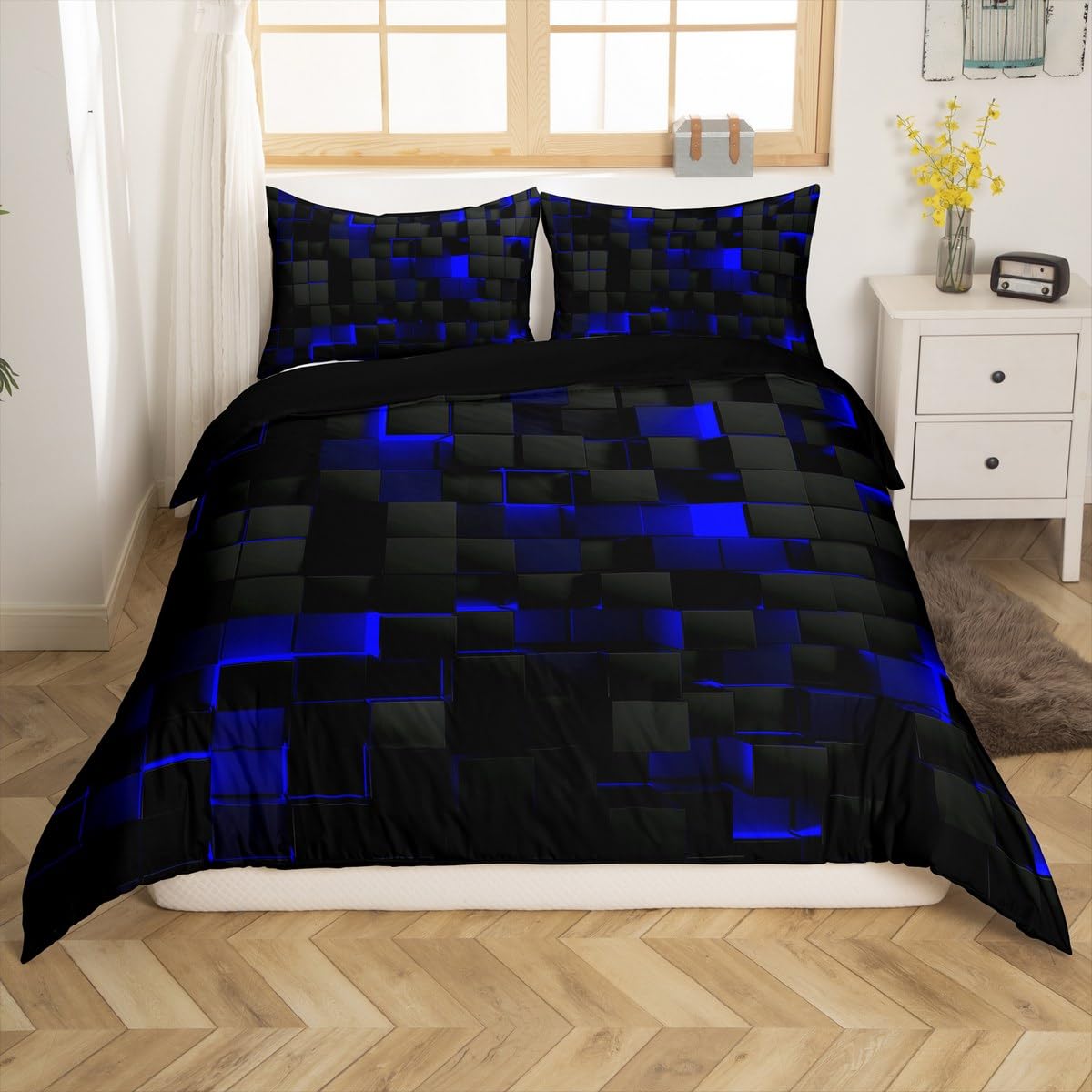 Teen Boy Geometric Bedding Set Super King Black Navy Royal Blue Kids Comforter Cover For Boys Men,Neon Abstract Stereoscopic Check Grid Duvet Cover Square Plaid Bed Set 3D Modern Room Decor - Image 2