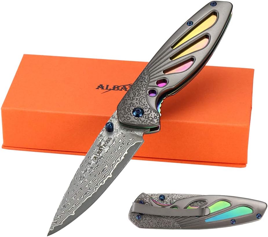 ALBATROSS Premium Damascus Steel Pocket Knife - EDC Folding Knife with Liner Lock, 71-Layer Hand Forged Blade, Everyday Carry for Hunting, Camping & Outdoor Adventures - HGDK026