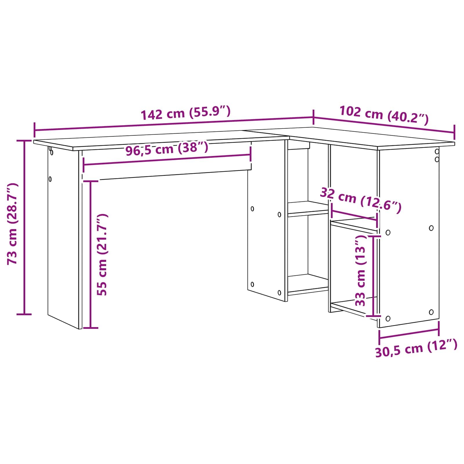 Scrivania con mensola bianca, in legno, 142 x 102 x 73 cm, scrivania angolare per ufficio e casa, grande spazio di archiviazione, salvaspazio, ergonomica, per studio e gaming