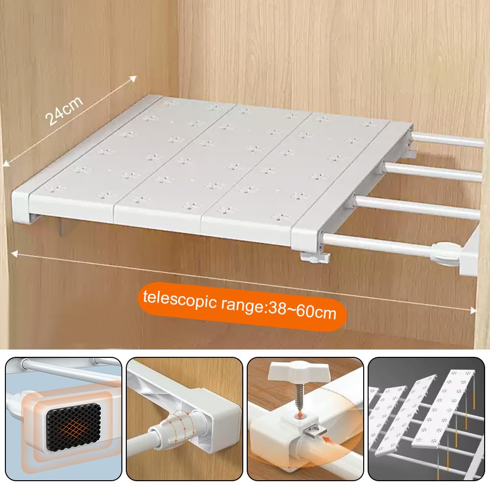 RANJIMA Mensole regolabili per armadio, mensole per armadi, 24 cm di larghezza, ripiano espandibile, armadietto, cucina, bagno, senza foratura, lunghezza regolabile 38-60 cm