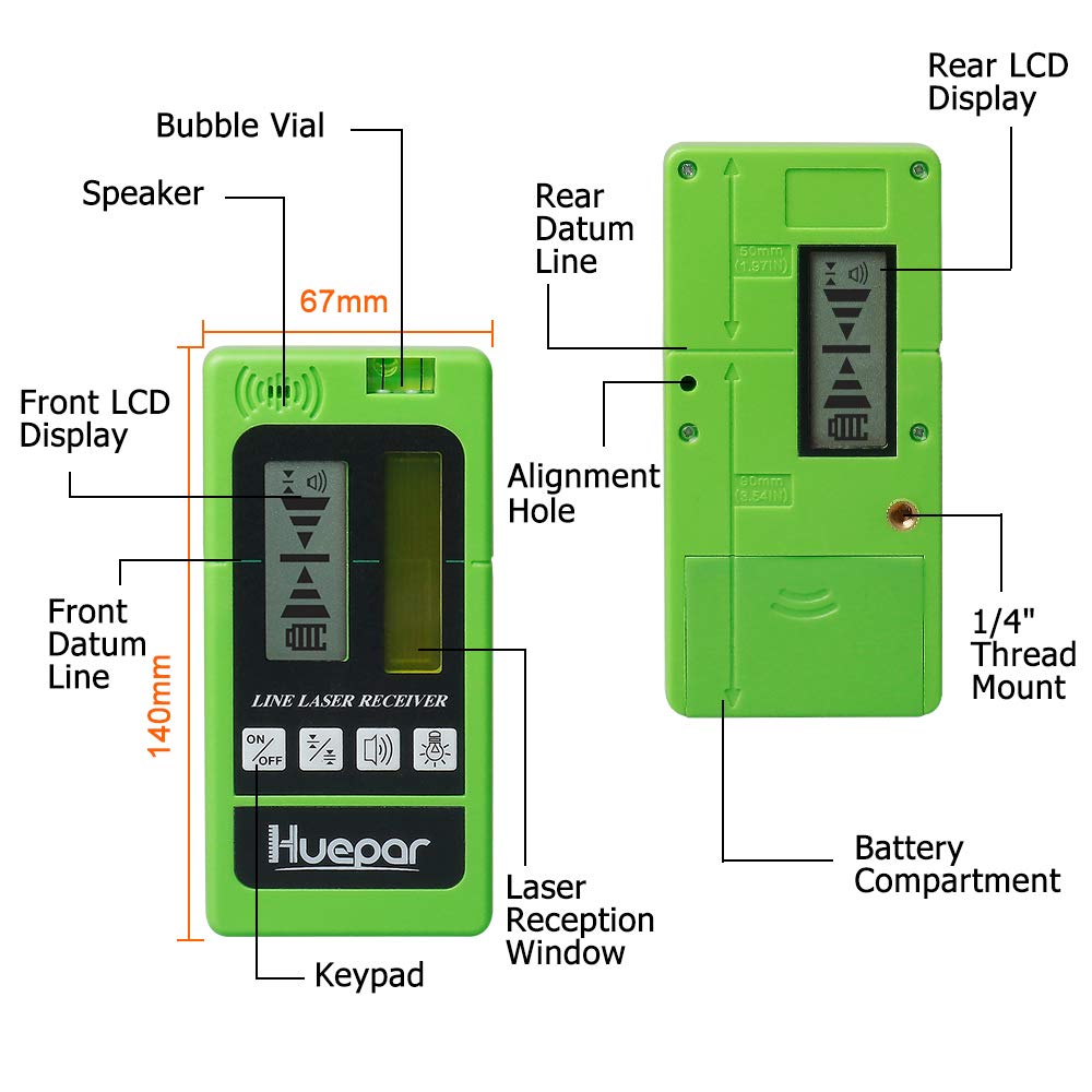 Huepar LR-5RG Laserdetektor für Puls-Kreuzlinienlaser, für Rote und Grüne Laserstrahlen bis zu 50m, Beidseitig Beleuchtete LCD-Displays mit Genauigkeitseinstellungen, Automatischer Abschaltzeit