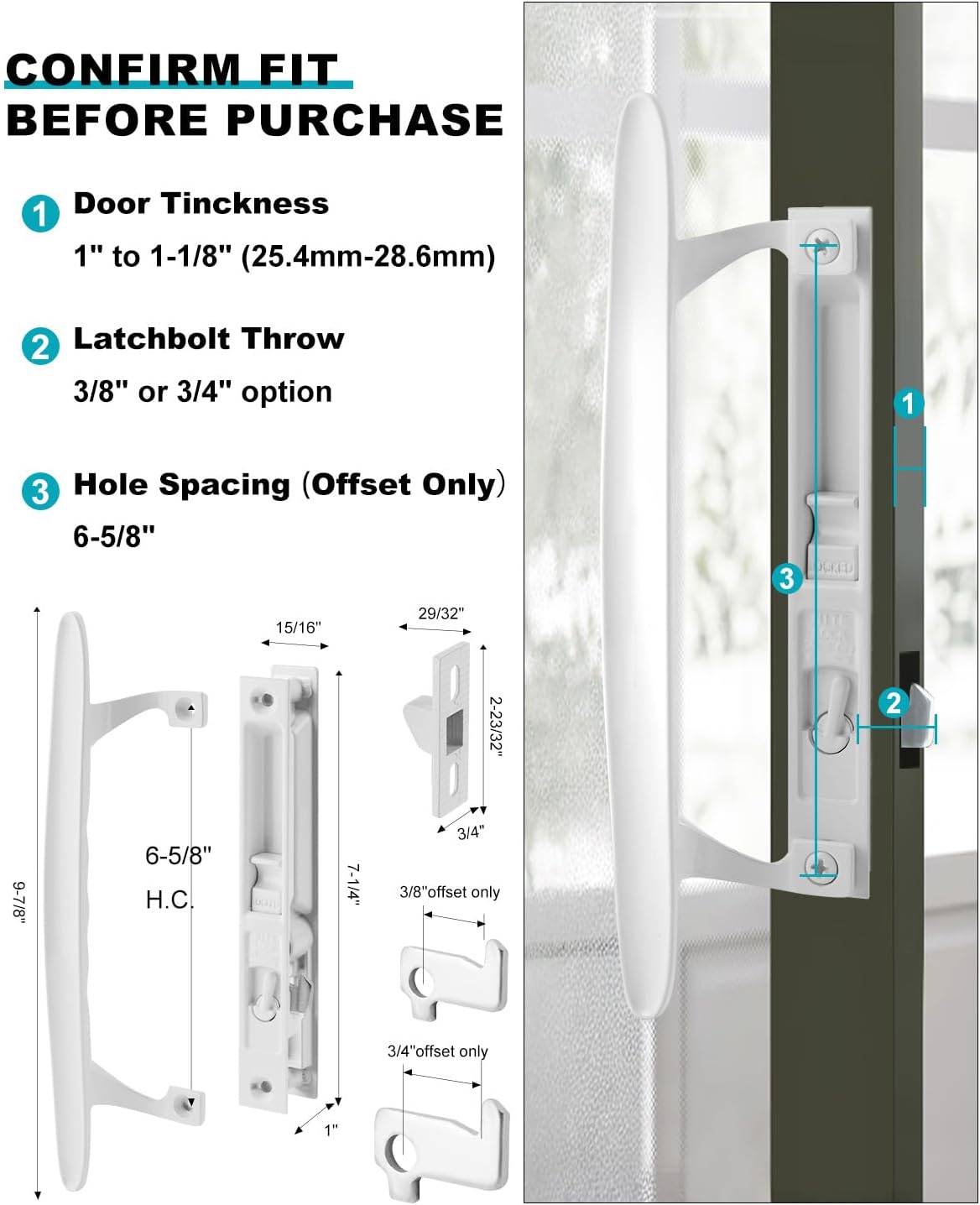 Sliding Patio Door Handle Set, Non-Keyed White Diecast Replacement Handle, Fits 1" to 1-1/8" Thick Sliding Glass Doors, 6-5/8" Hole Spacing, Non-Handed Reversible Design image 2
