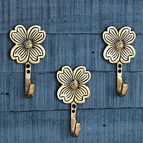 Indian Shelf Golden Flower Hook St. Patrick's Day Boho Brass Clover Wall Hooks Coat Hooks Cloth Hanger Key Holder Wall Mounted Coat Rack Towel Hooks for Hanging - 3 Piece