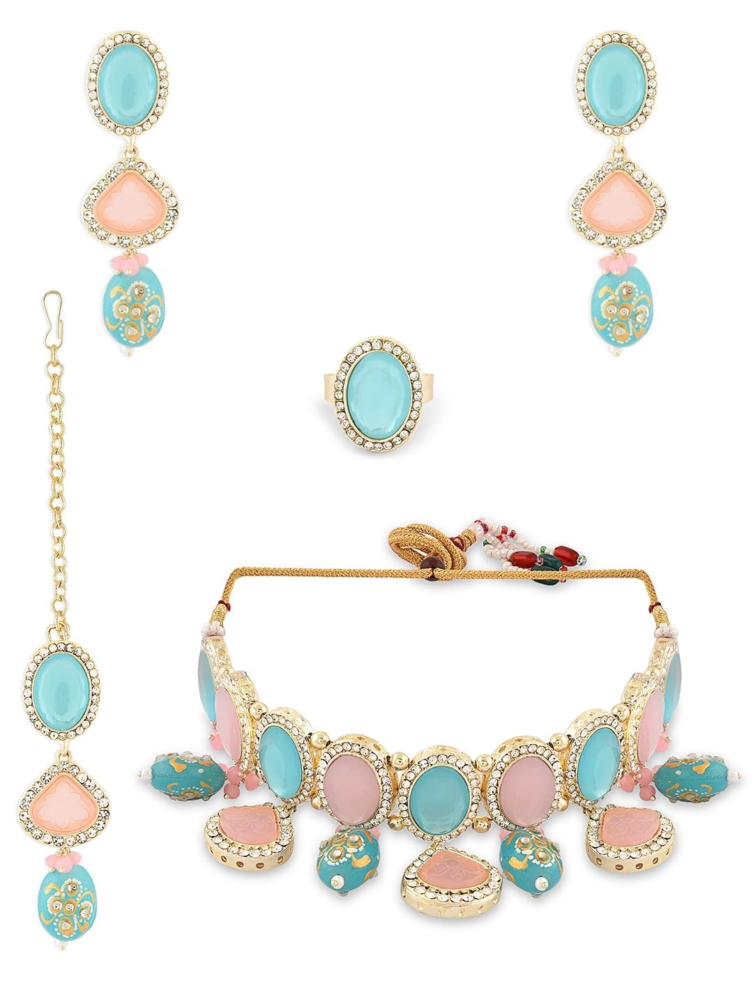 ZAVERI PEARLS Turquoise Blue Pink Ethnic Choker Necklace Earring Maangtikka Ring Set For Women-ZPFK18530