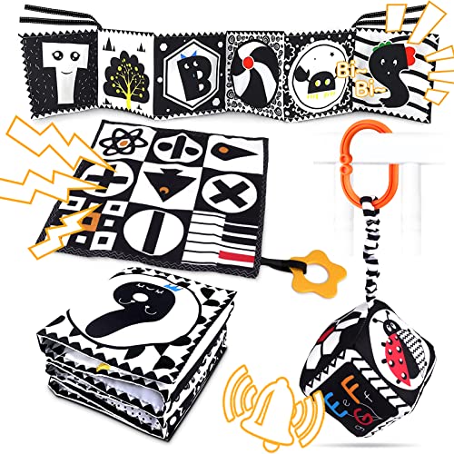 Image of 3 Pcs Black and White High Contrast Baby Toys 0-3 Months for Newborn, Montessori Toys for Babies Sensory Soft Book for Early Education,Stroller Infant Toys,Infant Tummy Time Toys (Standard Edition)
