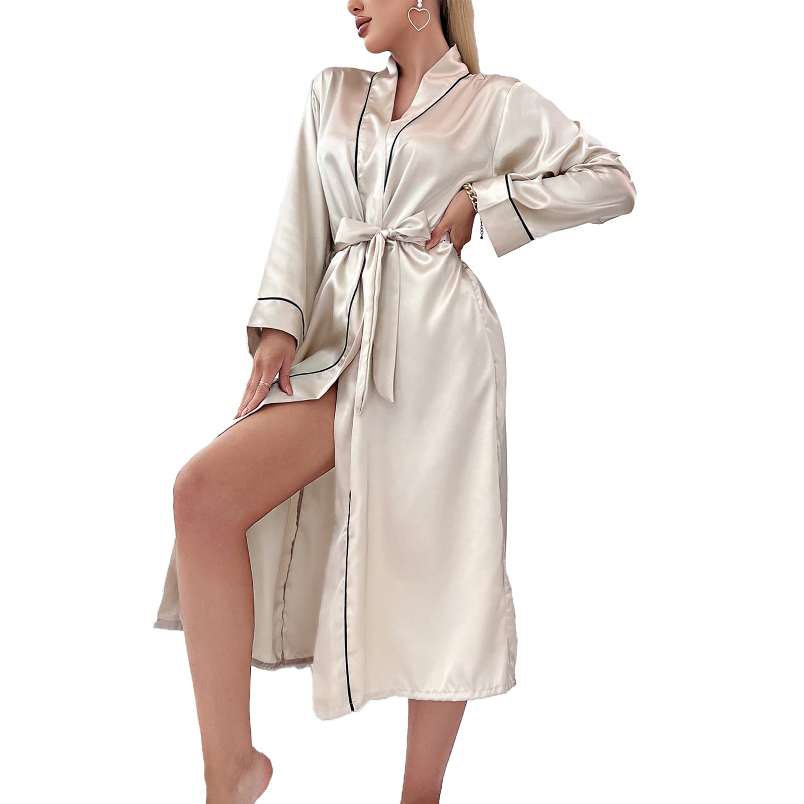 TIANQIHAO Women Summer Dressing Gown Sexy Satin Robe Nightdresses Pajamas Bathrobe With Belt,Khaki-Medium