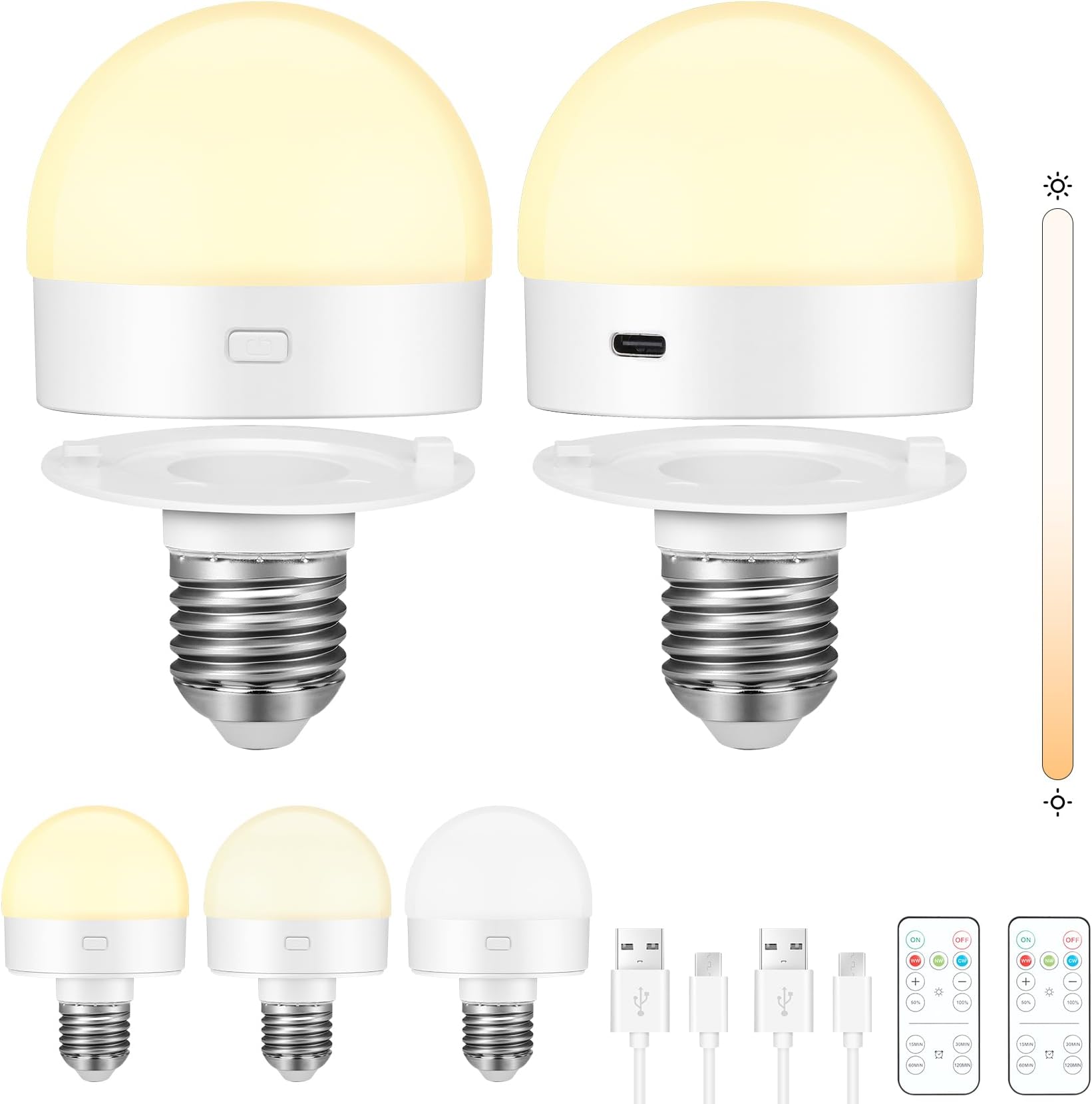 E27 Battery Operated Light Bulb, 2 Pack Rechargeable Cordless Bulbs with Remote Control, Detachable Magnetic Charging, Dimmable LED Bulb with 3 Color Temperatures & Timer for Lamps