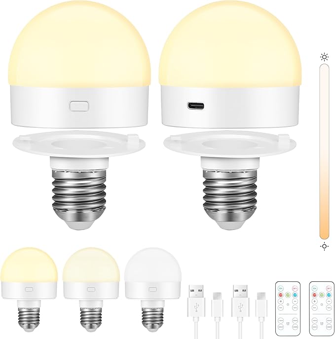 2 Pack E27 Rechargeable LED Bulbs, Battery Operated Light Bulb, Wireless Charging Bulb with Remote Control, Magnetic Dimmable Lamp Bulb with 3 CCT &amp; 4 Timer for Wall Sconce, Non-Hardwired