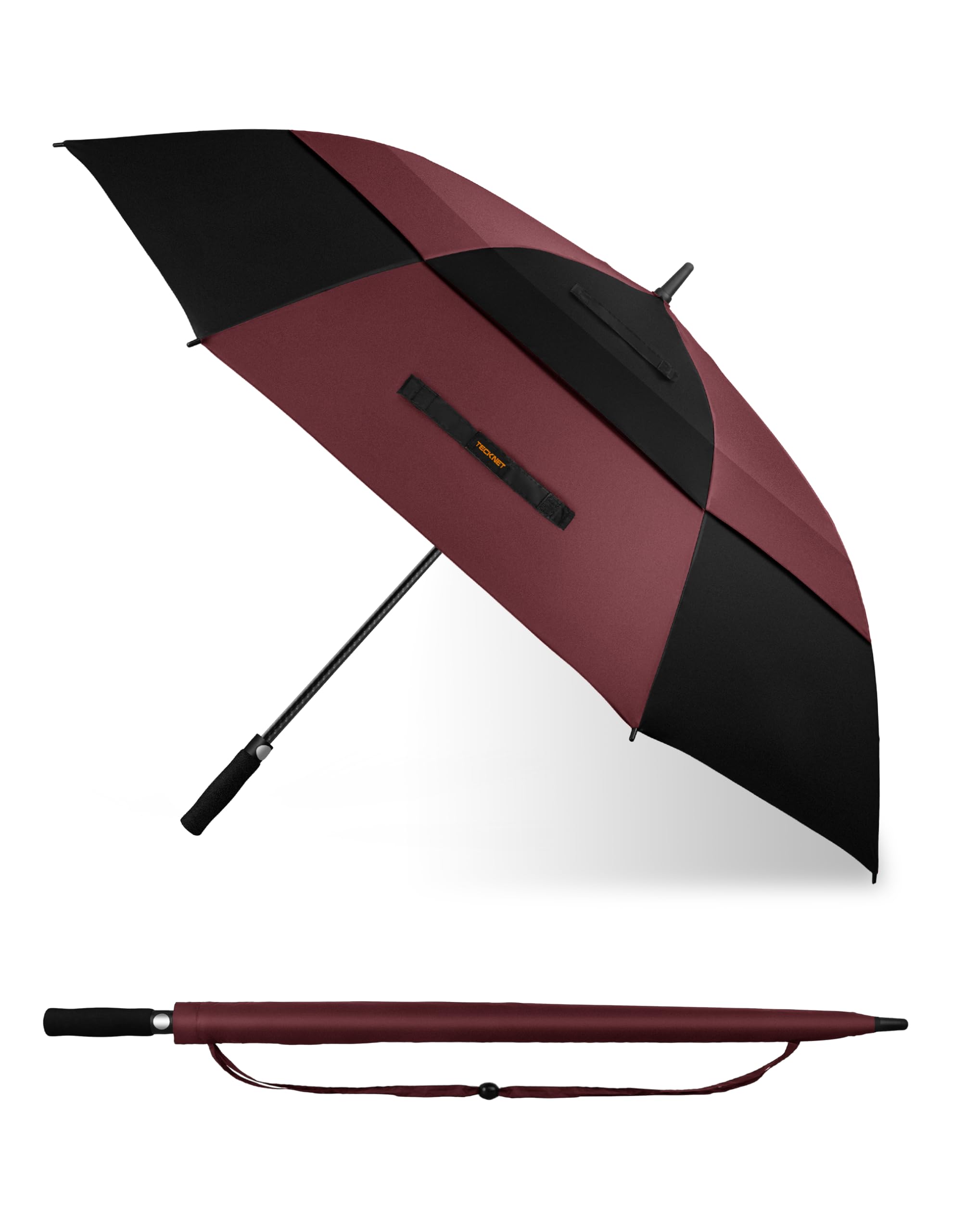 Tecknet Black/Red Golf Umbrella Large 68 Inch, Windproof Strong Double Canopy Vented, Automatic Open With Eva Grip, Outdoor Sun, Rain, Wind Protection Stick Umbrellas, And