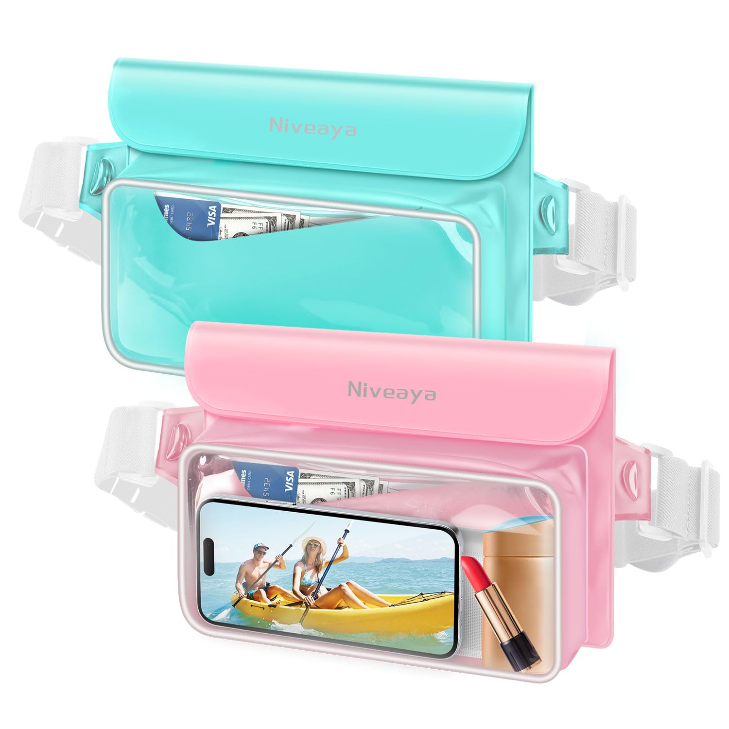 Niveaya IPX8 Waterproof Fanny Pack - 2 Pack, Floating Dry Bag Pouch, Phone Waterproof Waist Pouch Dry Bag, Beach, Kayaking, Swimming, Boat Essentials,