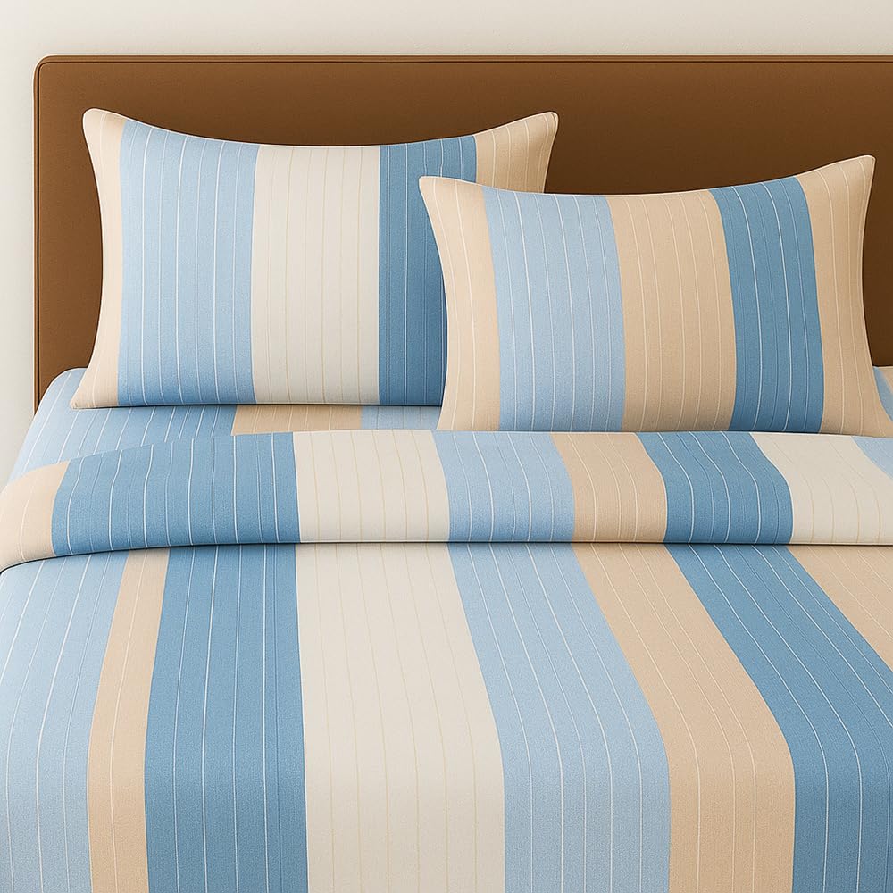 BSB HOME 100% Cotton Feel Double Bed Bedsheet Set | 144 TC Soft & Breathable | Ocean Blue and Skin Big Striped with 2 Pillow Covers | Wrinkle Free | for Bedroom (90 x 90 Inches)