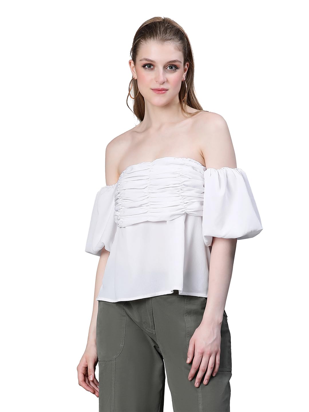 Women Gather Pleated Cold Shoulder Top-image-47