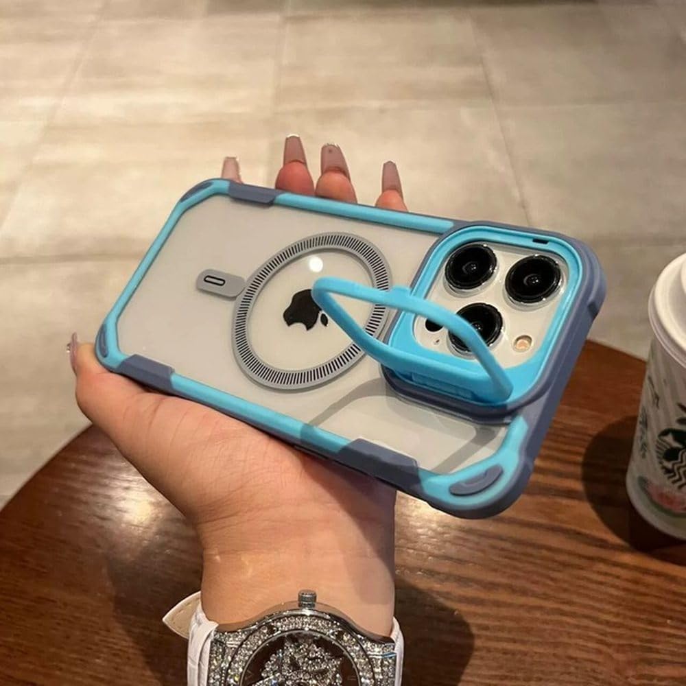 Coque iPhone 13 transparente antichoc avec béquille magnétique bleue