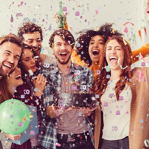 Image of OSDUE Pink Gold Silver Happy Birthday Confetti, 3000 Pieces 50 Years Birthday Cake Confetti, Metallic Foil Balloon Table Scatter Confetti Decoration Supplies, for Birthday Party (50th Style)
