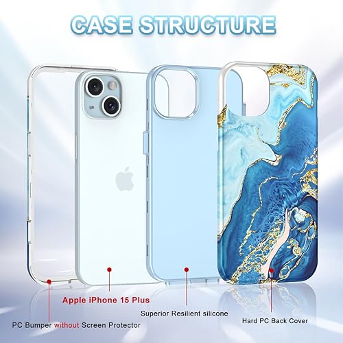 Miniatura 2 de Btscase Funda para iPhone 15 Plus de 6.7 pulgadas (2023), patrón de mármol 3 en 1 resistente cuerpo completo a prueba de golpes PC duro + silicona