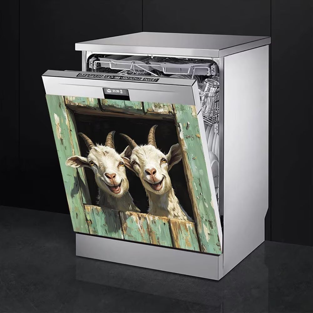 Kitchen Decoration Dishwasher Magnet Cover,Smiling Goat Refrigerator Magnets Sticker,Kitchen Home Appliance Decorative,Magnetic Vinyl Wrap Sheet 23” x 26”