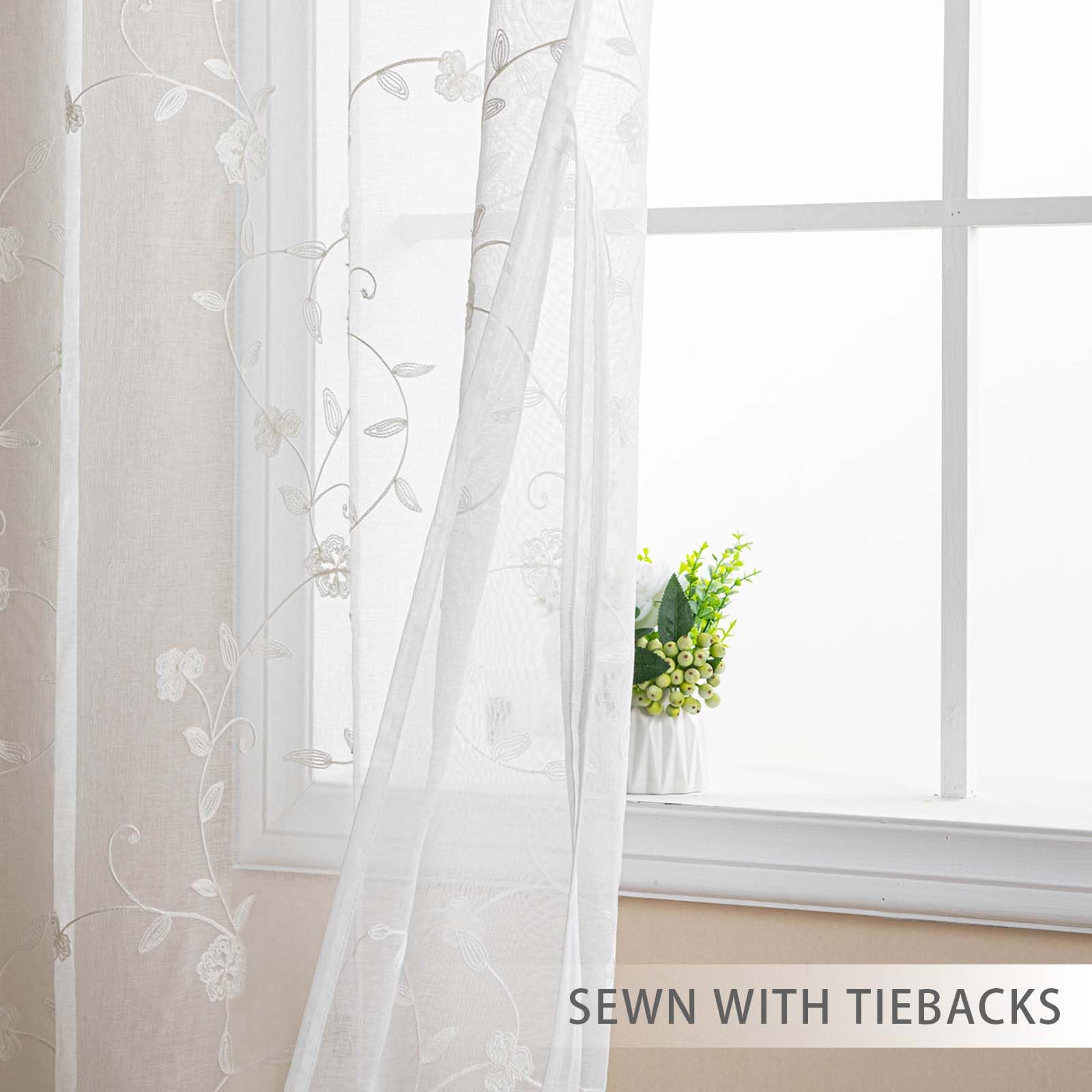 DWCN Embroidery Sheer Curtains Decoration Flora Design Grommet Window Curtain Semi Voile Drapes with Eyelets Window Treatments for Living Room Bedroom 2 Panels 52" W x 63" L White - Image 3