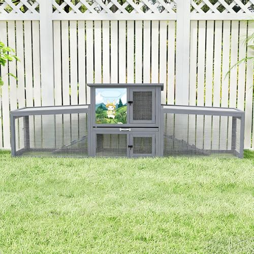 COZIWOW 95inches Extra Large Wood Rabbit Hutch Outdoor Easy to Assemble and Stable Bunny Cage Indoor with Cleaning Tray & Waterproof Roof for Small and Medium Bunny Rabbit Chick（Grey with Pattern）