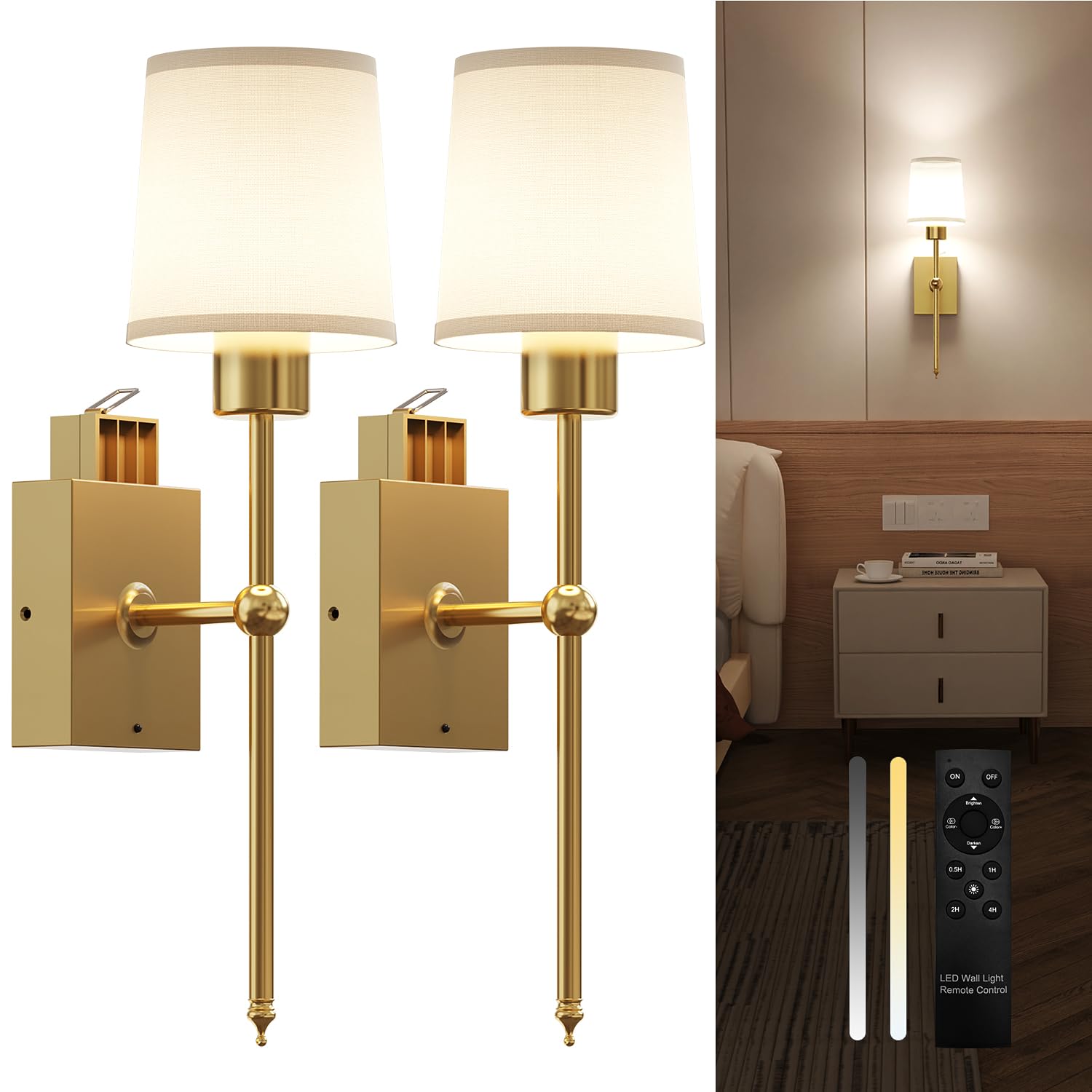 YOOWARM Wireless Rechargeable sconces Wall Decor Set of 2, 5200mAh Battery Wall Sconce with Remote & Timer, Wall Lights Operated for Bedroom, Living Room, Hallway, Bathroom, Gold