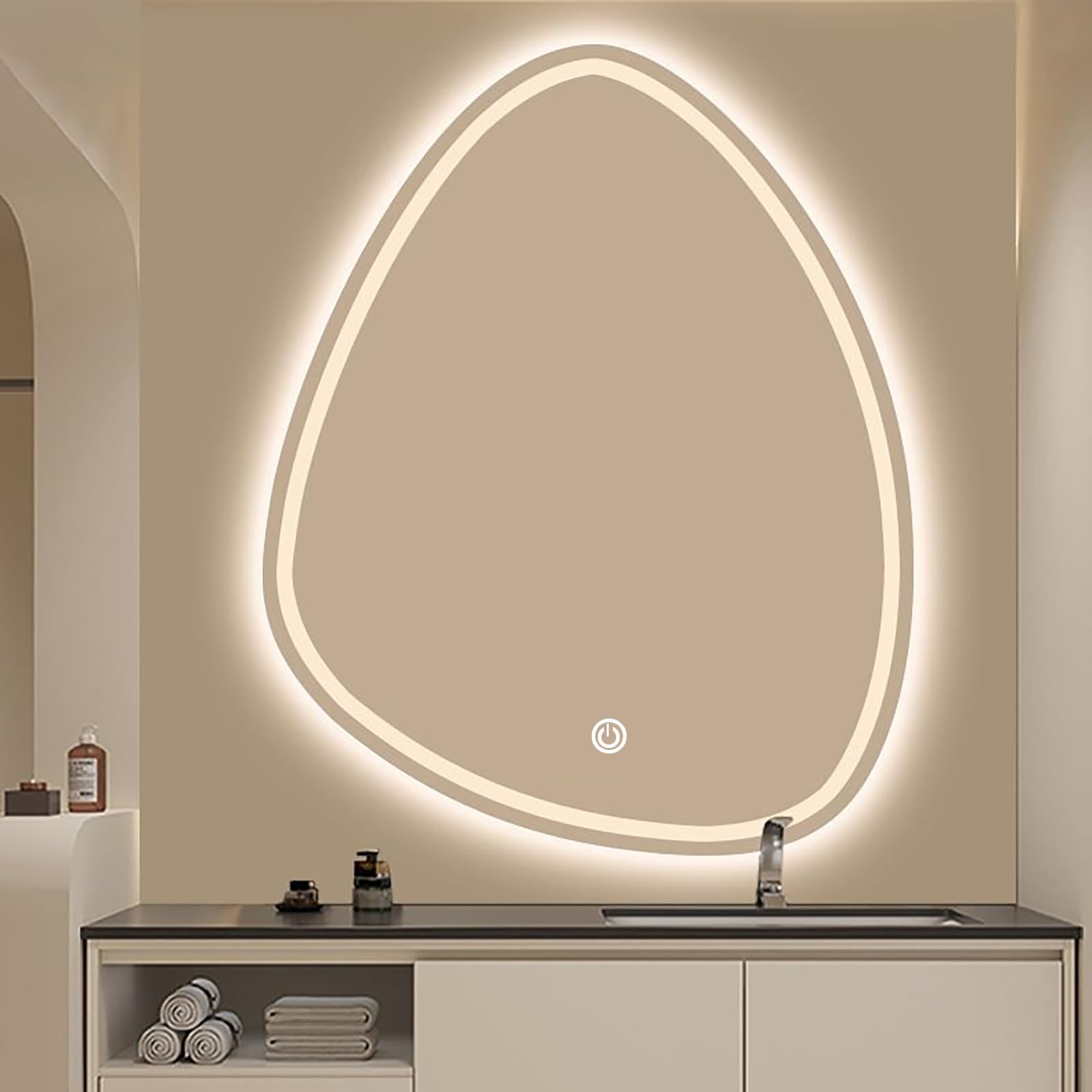 Tropfenförmiger Wandspiegel mit 3-farbiger Beleuchtung, LED-Schminkspiegel, 50x70cm/60x80cm/70x90cm, Smart-Touch-Badezimmerspiegel, moderner asymmetrischer Dekospiegel (Größe: 60x80cm/23,6x3