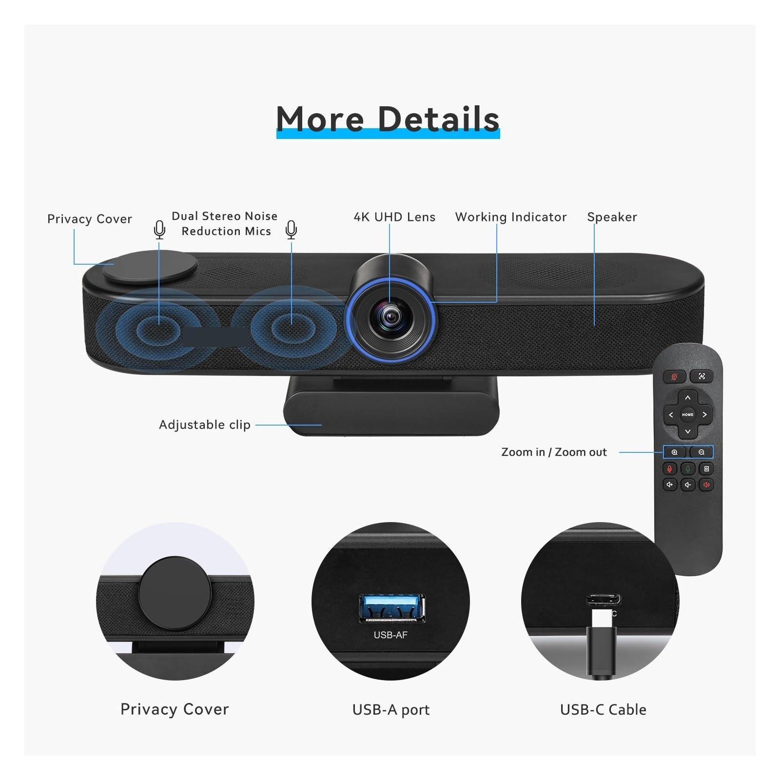 Webcam for conferenze Ultra grandangolare 4K 8 MP Zoom Digitale 5X con inquadratura Automatica Webcam for PC USB Live Streaming(A)