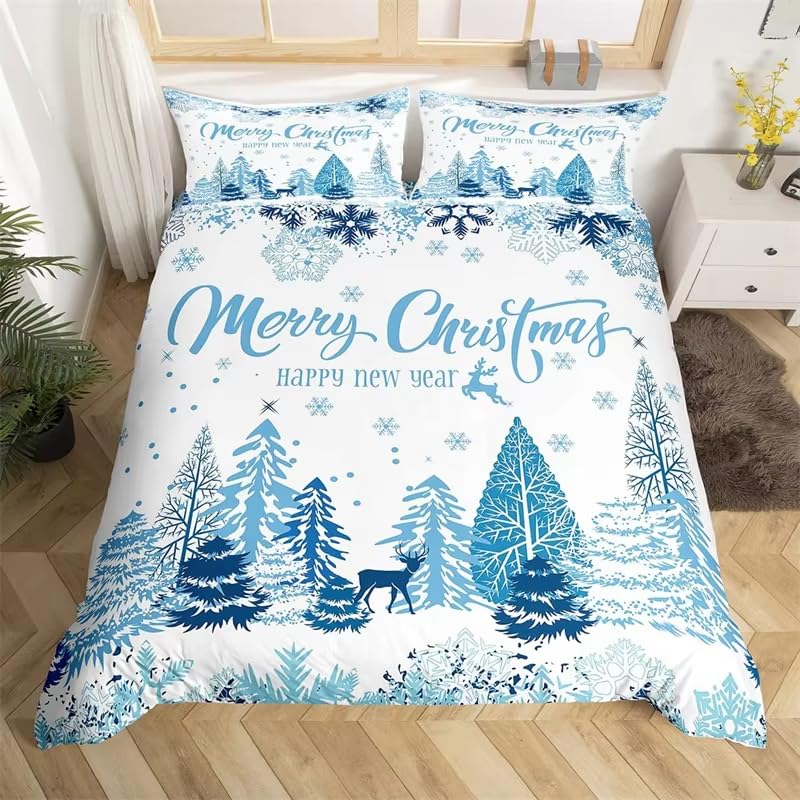 Housse de couette Noël lit enfant bleu motif sapin et renne