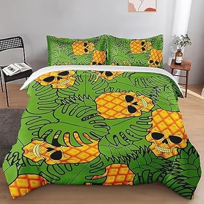 Duvet Cover Set, Pineapple Skull Skeleton Tropical Bedding Set for Kids and Adults Bedroom Decor, Fruit Leaves Funny Quilt Cover Set Full Size Comforter Cover with Pillow Shams 61RGYi0dwtL. SS400