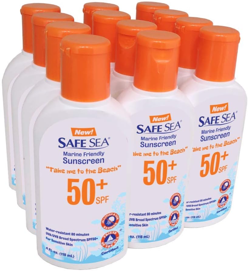 Safe Sea SPF50+ Sting Blocking Sunscreen | 120ml Bottle (Pack of 12) | For Sensitive Skin | Anti Jellyfish Sting Protective Lotion | Coral Reef Safe Sunscreen