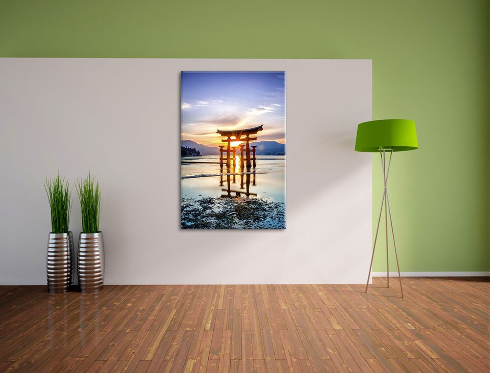 Pixxprint Monocrome, Torii Gate in Miyajima Japan, Größe: 70x70, Leinwandbild Quadratisch, Wandbild, Kunstdruck, fertig bespannt