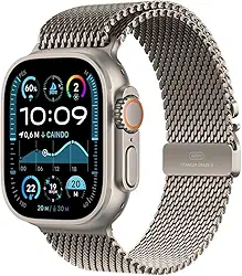 Apple Watch Ultra 2 GPS + Cellular • Caixa natural de titânio – 49 mm • Pulseira natural de titânio estilo milanês – P