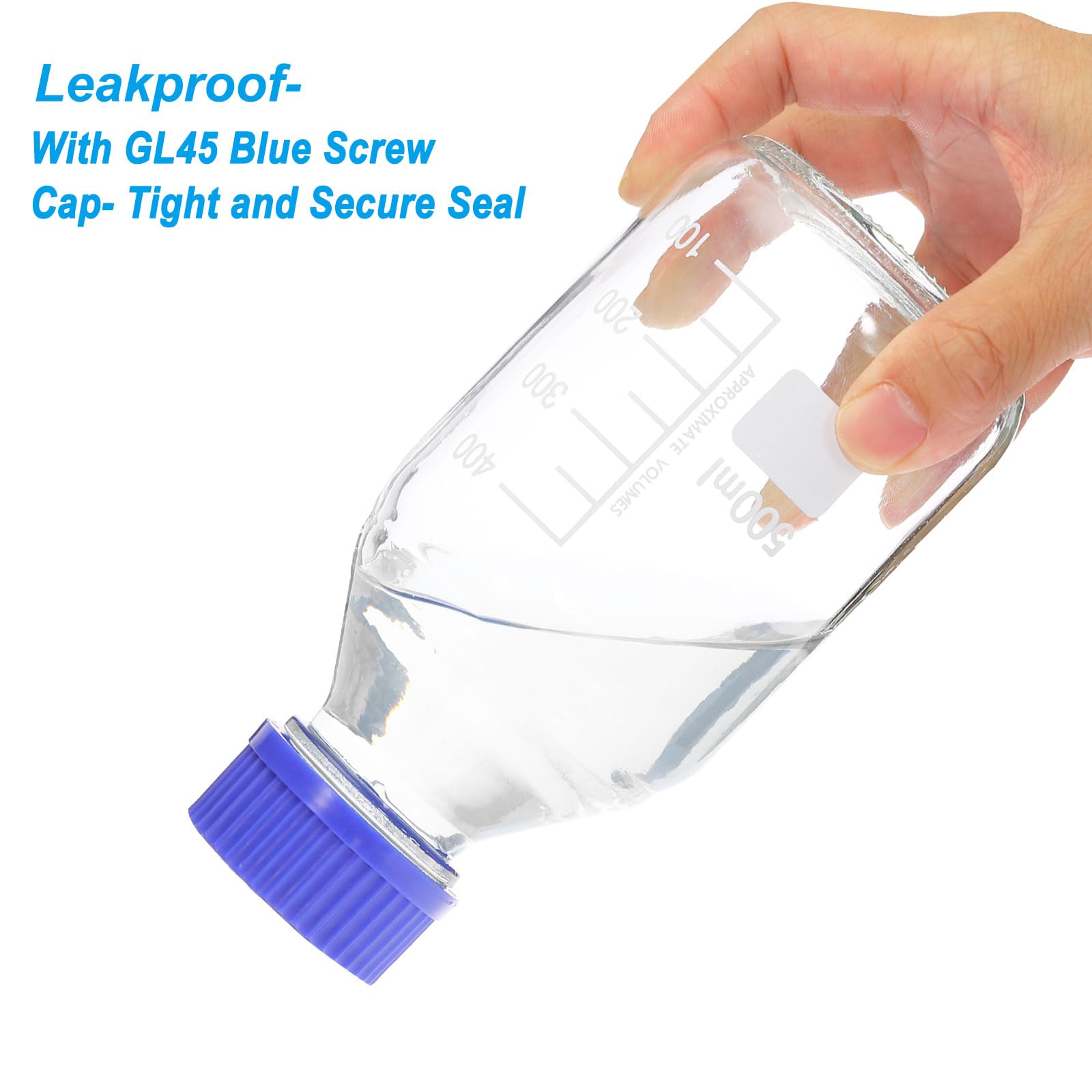PATIKIL 12 Pack Botellas De Almacenamiento De Medios Reactivos, 500ml Botellas Redondas Graduadas De Vidrio Borosilicato Con Tapa Azul GL32 Para Líquidos Reactivos De Laboratorio.